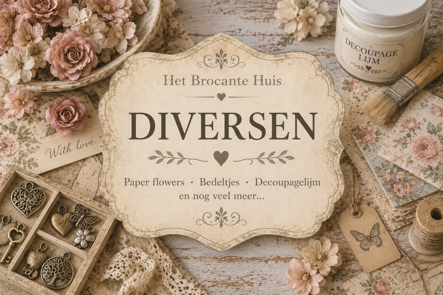Het brocante huis Diversen zoals Decoupagelijm, bedeltje, Paper flowers enz.