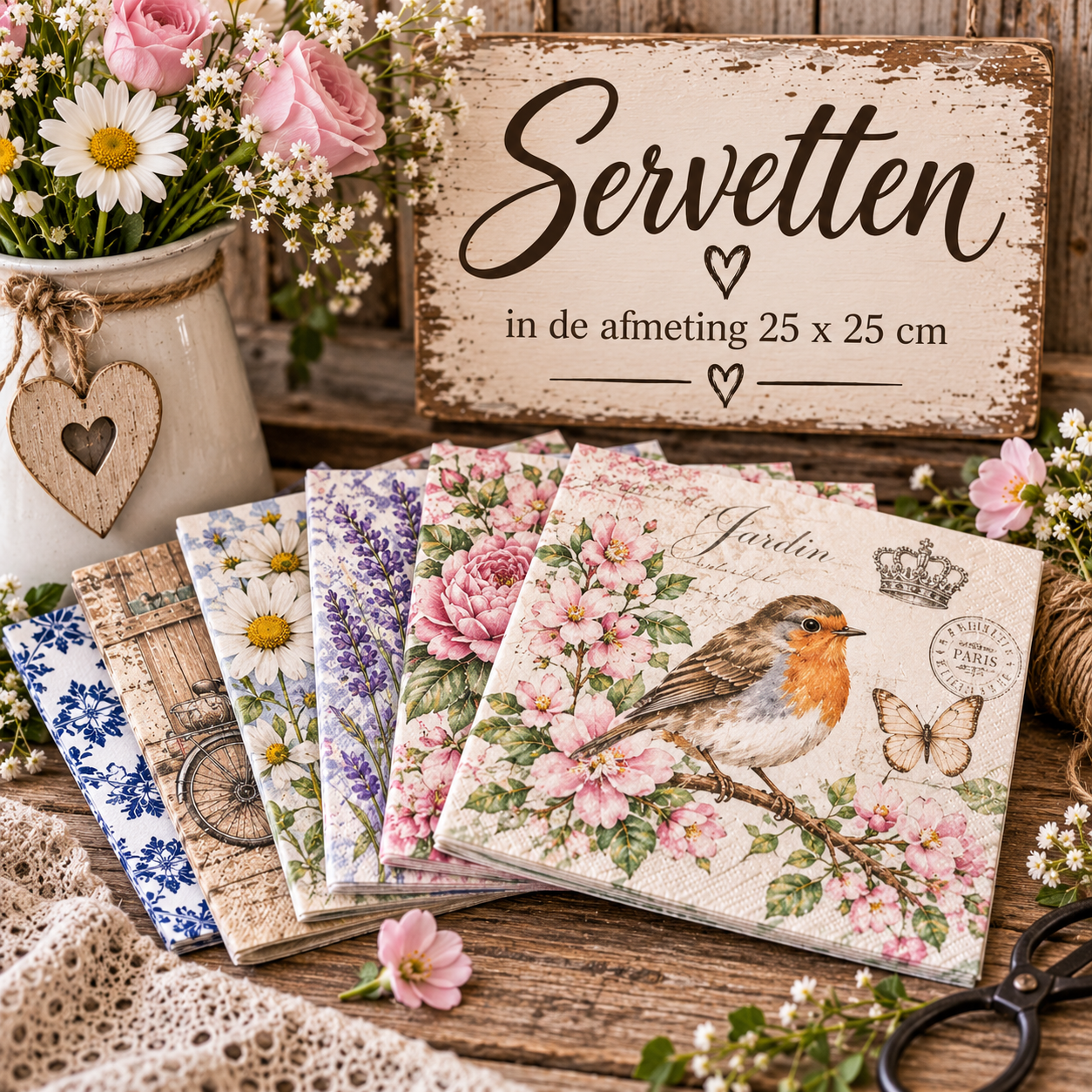 Het brocante huis Diverse Servetten Afmeting 25x25cm